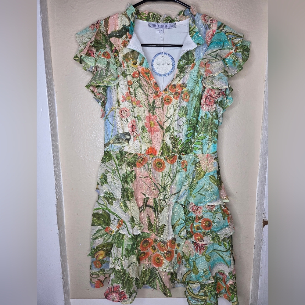 Just Bellina Dress Short Flowy Ruffles Plants Birds Flowers Metallic Gold Small